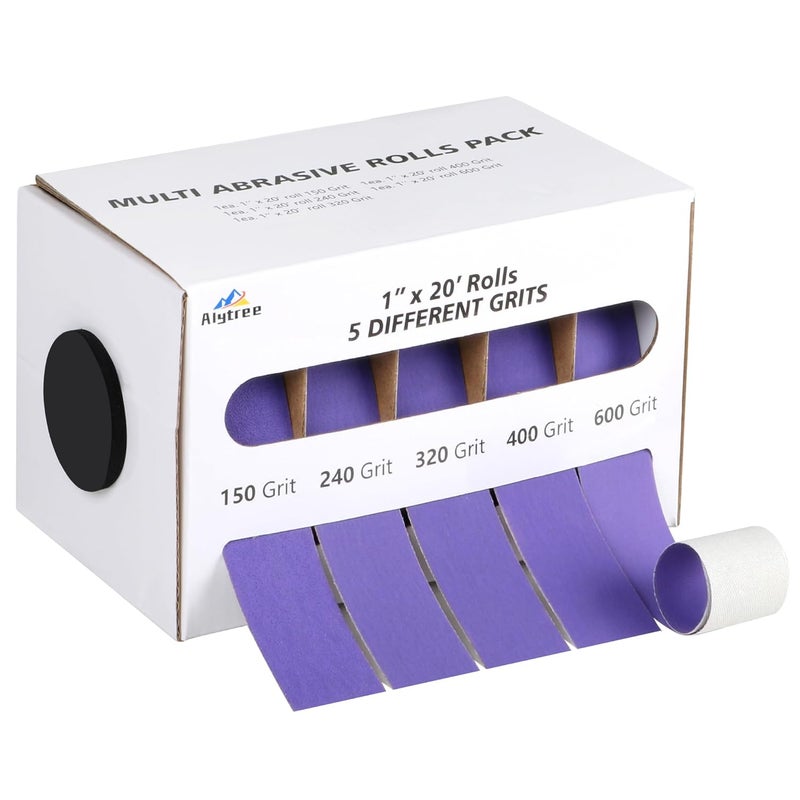Alytree 5 Grits Emery Cloth Roll with Dispenser, 150 240 320 400 600 Grits Abrasive Sand Paper for Metal and Wood Furniture - 6M Purple Sandpaper Rolls - Image 1
